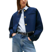 Tommy Hilfiger women’s navy blue cropped blazer with gold-tone buttons and a structured collar in long sleeves