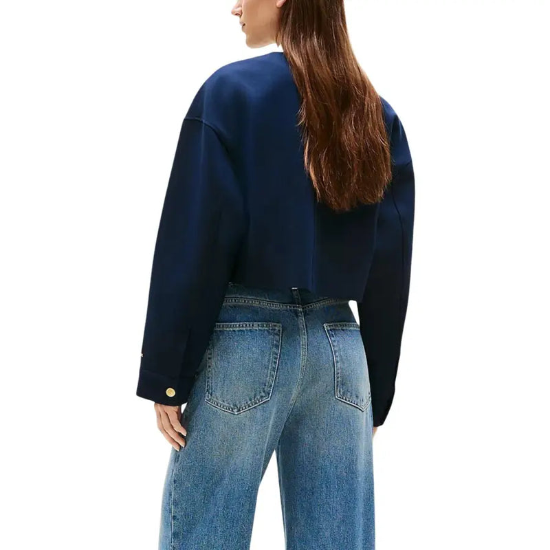 Tommy Hilfiger women’s navy blue cropped blazer with long sleeves and gold-tone button cuffs in a formal style