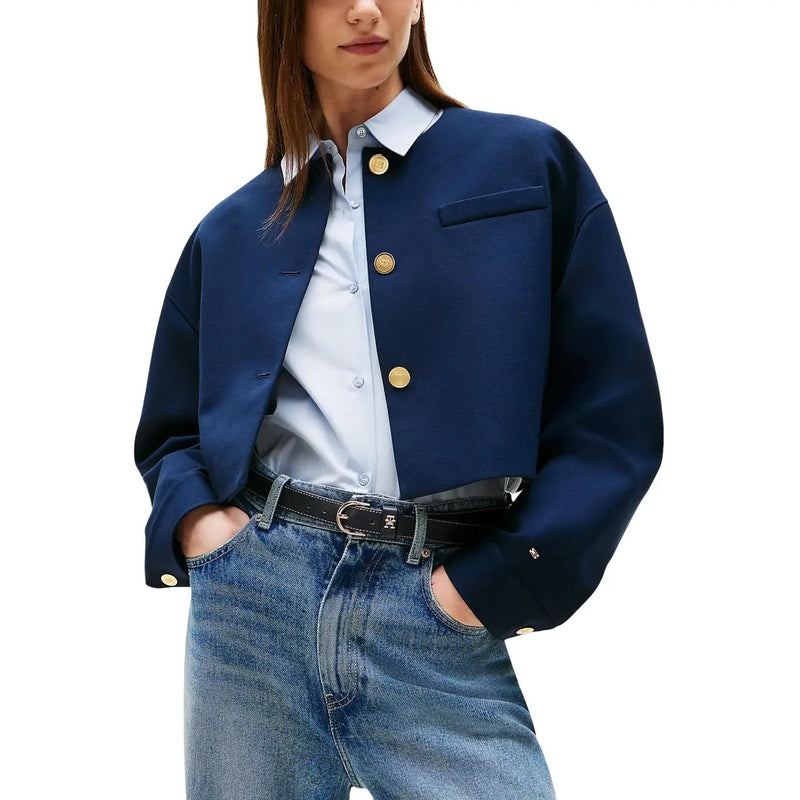 Tommy Hilfiger women’s navy blue cropped blazer with gold-tone buttons and a structured collar in long sleeves