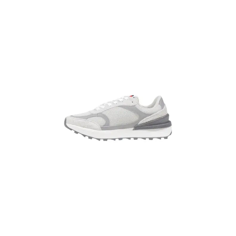 Tommy Hilfiger women’s grey leather sneakers with gray and white mesh upper and textured rubber sole
