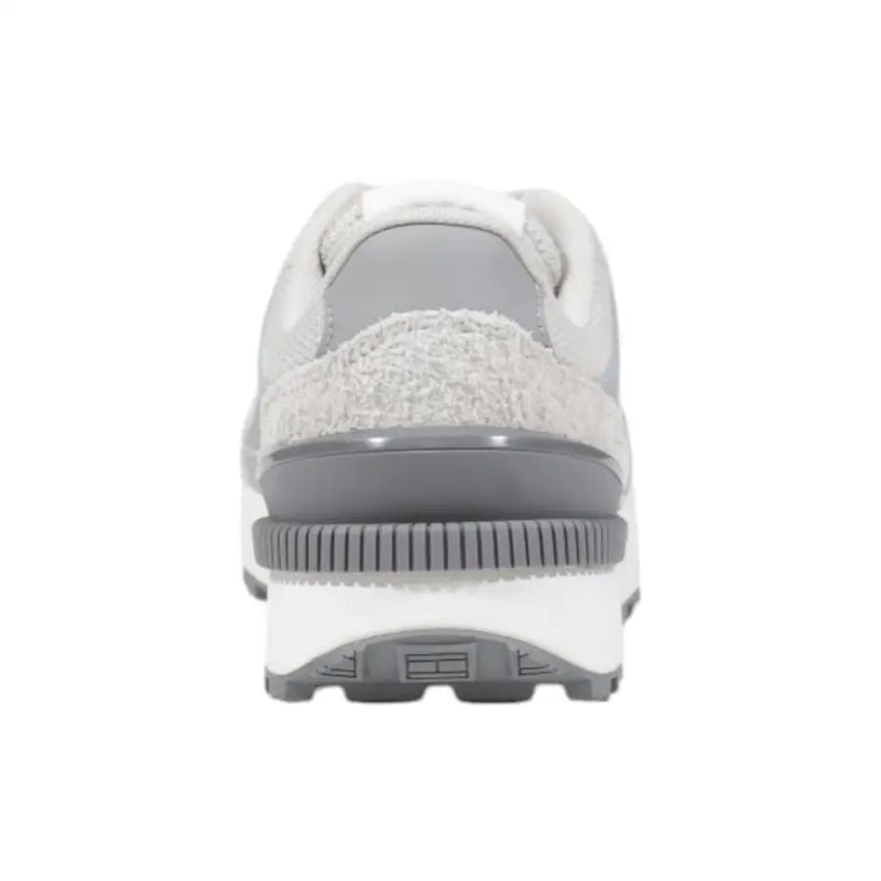 Tommy Hilfiger women’s grey leather sneakers with gray and white textured fuzzy midsection and layered rubber sole