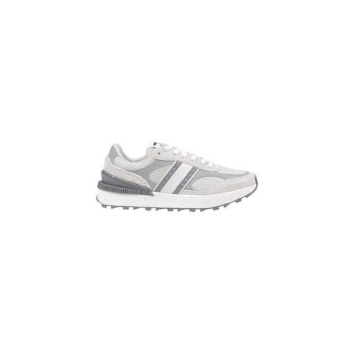 Tommy Hilfiger women’s grey leather sneakers with gray and white mesh and a chunky sole for casual wear
