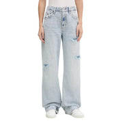 Tommy Hilfiger women’s light blue light-wash denim jeans with distressed ripped details and high-rise wide-leg cut