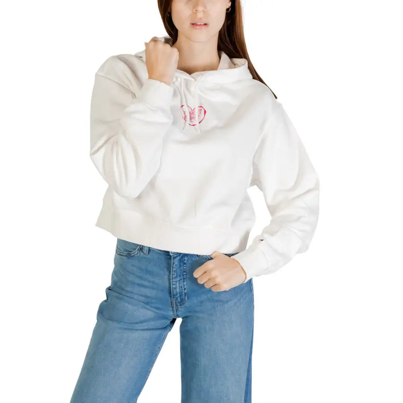 Tommy Hilfiger womens white cropped organic cotton hoodie with pink embroidered heart logo on the chest