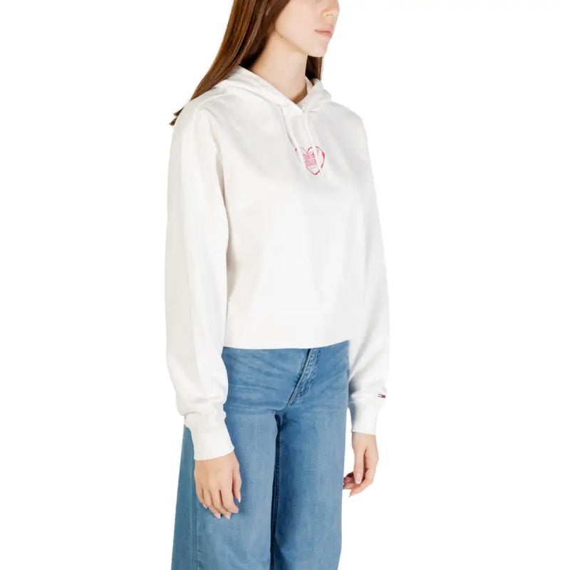 Tommy Hilfiger womens organic cotton white hooded sweatshirt with pink heart logo on chest and brand tag on wrist