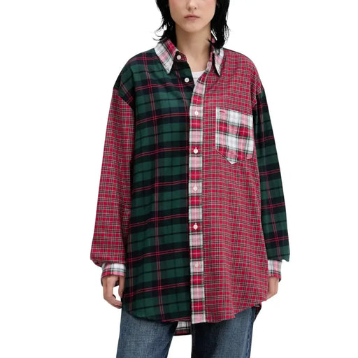 Tommy Hilfiger women’s red and green plaid cotton button-up shirt with contrasting white pocket