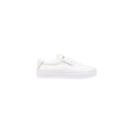 Tommy Hilfiger women’s white cotton low-top sneakers with chunky rubber sole and gold-tone lace eyelets