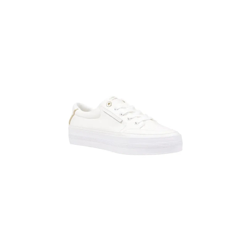 Tommy Hilfiger women’s white cotton low-top sneakers with chunky rubber sole and gold-tone eyelets and heel tab