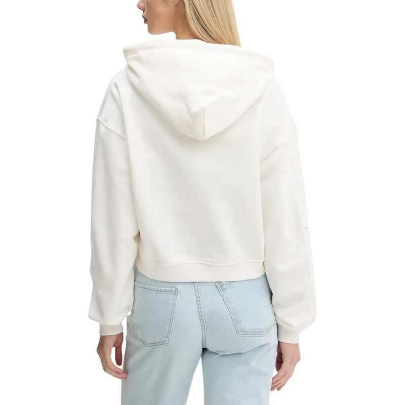 Tommy hilfiger women’s white hooded organic cotton sweatshirt featuring a cream-colored cropped hoodie with ribbed cuffs