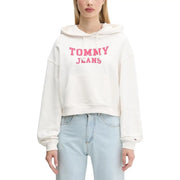 Tommy Hilfiger women’s white hooded organic cotton sweatshirt with pink lettering on chest and cropped hoodie design