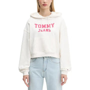 Tommy Hilfiger womens white cropped hoodie with pink lettering and pocket