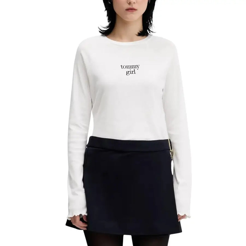 Tommy Hilfiger weißes Langarm-Strickshirt aus Bio-Baumwolle top mit schwarzer Tommy Girl Stickerei