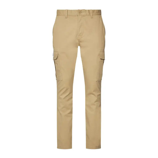 Tommy Jeans men beige cotton elastane khaki cargo pants with two large side pockets and button closure