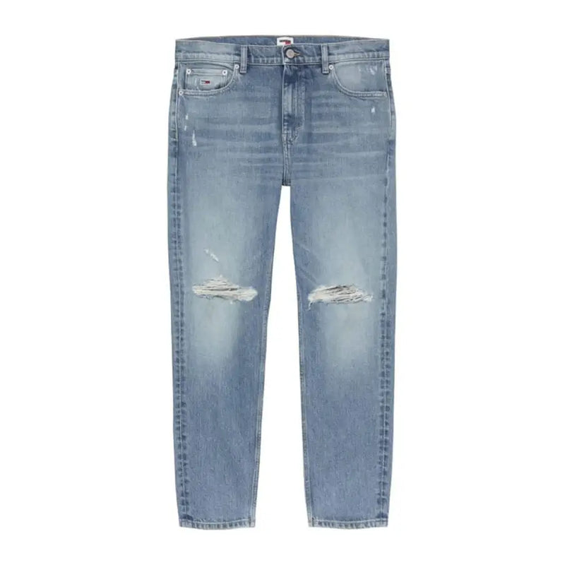 Light-wash denim Tommy Jeans men blue cotton stretch jeans with distressed ripped knees and classic five-pocket design