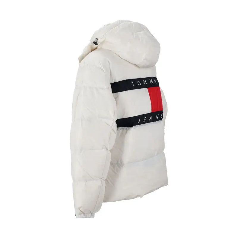 Tommy hilfiger white puffer jacket with hood and logo stripe.