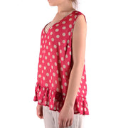 Twinset Simona Barbieri women tank top in red polyester with cream polka dots lace trim and ruffled hemline