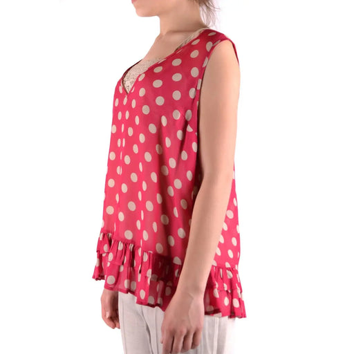 Twinset Simona Barbieri women tank top in red polyester with cream polka dots lace trim and ruffled hemline