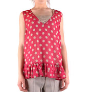A vibrant pink sleeveless polyester tank top with cream polka dots and ruffled hem by Twin-set Simona Barbieri