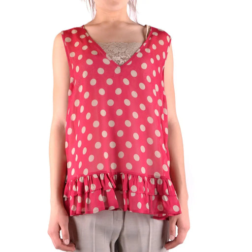 A vibrant pink sleeveless polyester tank top with cream polka dots and ruffled hem by Twin-set Simona Barbieri