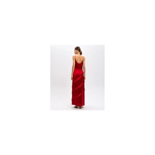 Twinset red sleeveless v neck viscose spring summer dress with flowing red satin maxi skirt and tiered ruffles