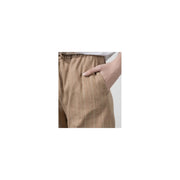 Beige striped cotton linen twinset women trousers with subtle vertical stripes and elastic waistband