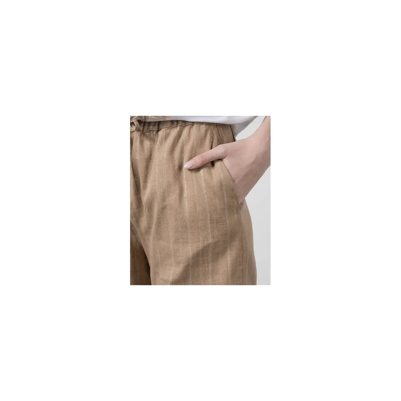 Beige striped cotton linen twinset women trousers with subtle vertical stripes and elastic waistband