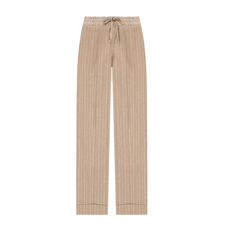 Beige cotton linen twinset women trousers with subtle vertical stripes and drawstring waistband front view