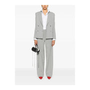 Gray twinset women wool blend double-breasted blazer with white cuffs and matching trousers worn over white shirt