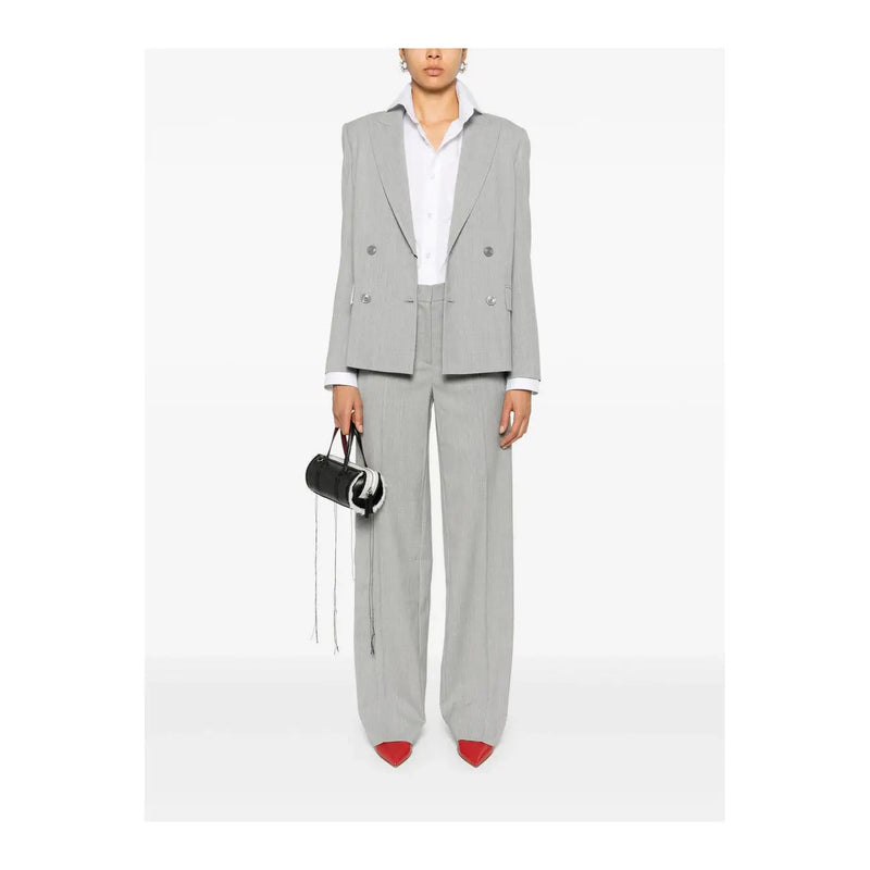 Gray twinset women wool blend double-breasted blazer with white cuffs and matching trousers worn over white shirt