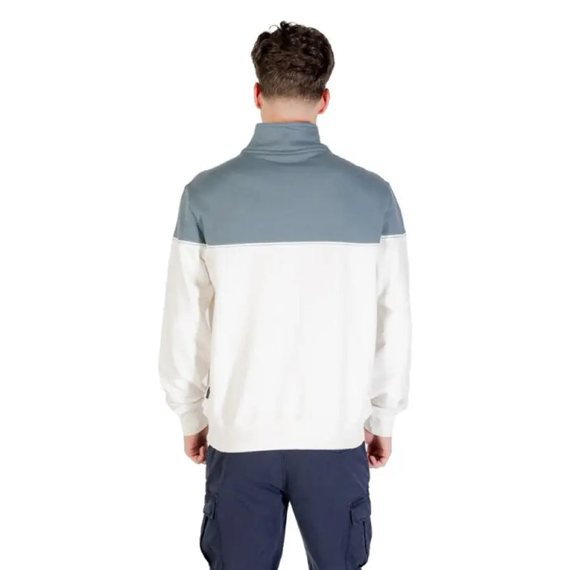 Two-tone zip-up Mens Sweatshirt featuring color block design and casual style