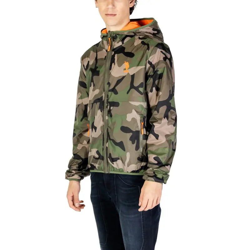 US Polo Assn. Herrenblazer, klassische Passform, Baumwollmischung, Kapuzenjacke mit Camouflage-Muster und orangefarbenen Reißverschlussdetails