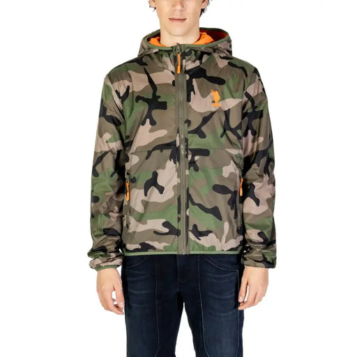 U.S. Polo Assn. men blazer classic fit cotton blend jacket with camouflage pattern, orange zipper pulls, and horse logo