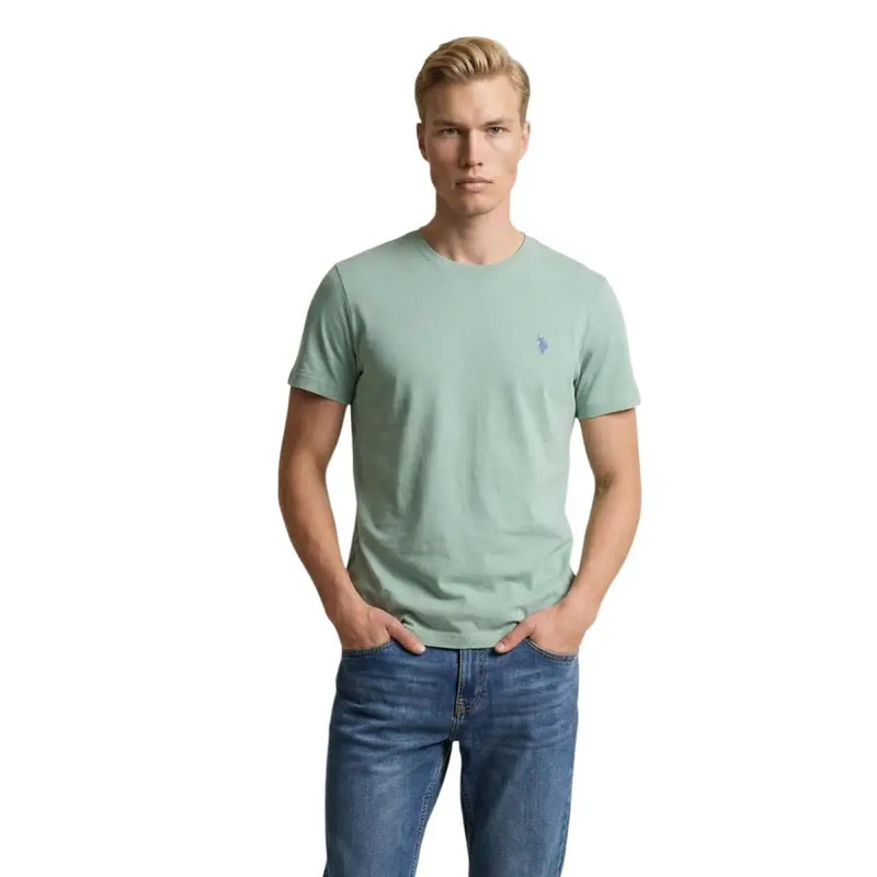 Light green U.S. Polo Assn. men cotton t shirt with short sleeves crew neck and embroidered logo on left chest