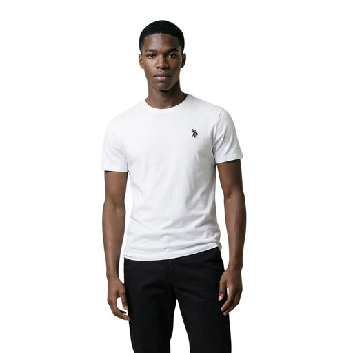 White short-sleeved crew neck cotton t-shirt with small black embroidered logo on left chest by U.s. Polo Assn