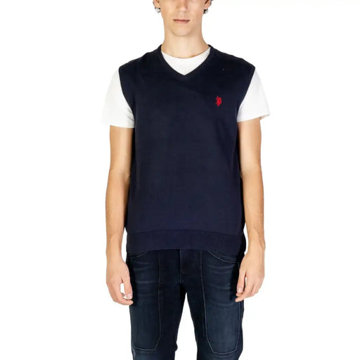 Navy blue polo sweater vest with white trim and red logo, u.s.