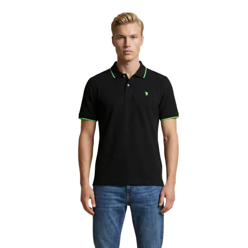 Black U.S. Polo Assn. men polo shirt classic fit cotton with neon green trim and embroidered logo size L
