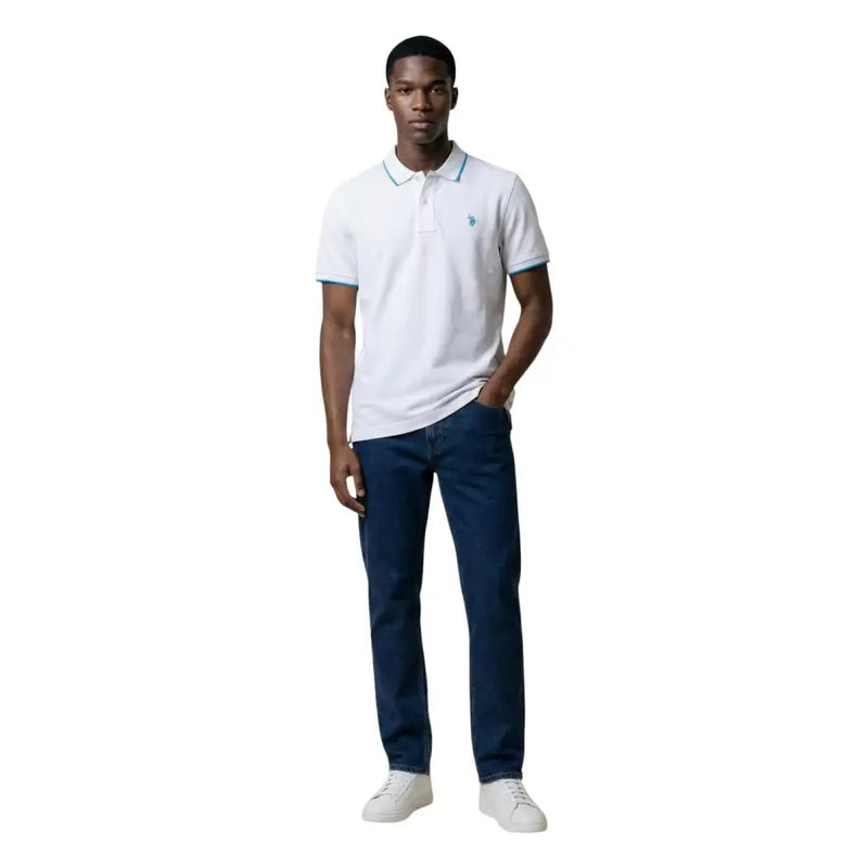 U.S. Polo Assn. men polo shirt classic fit white cotton with teal trim and small embroidered chest logo size L