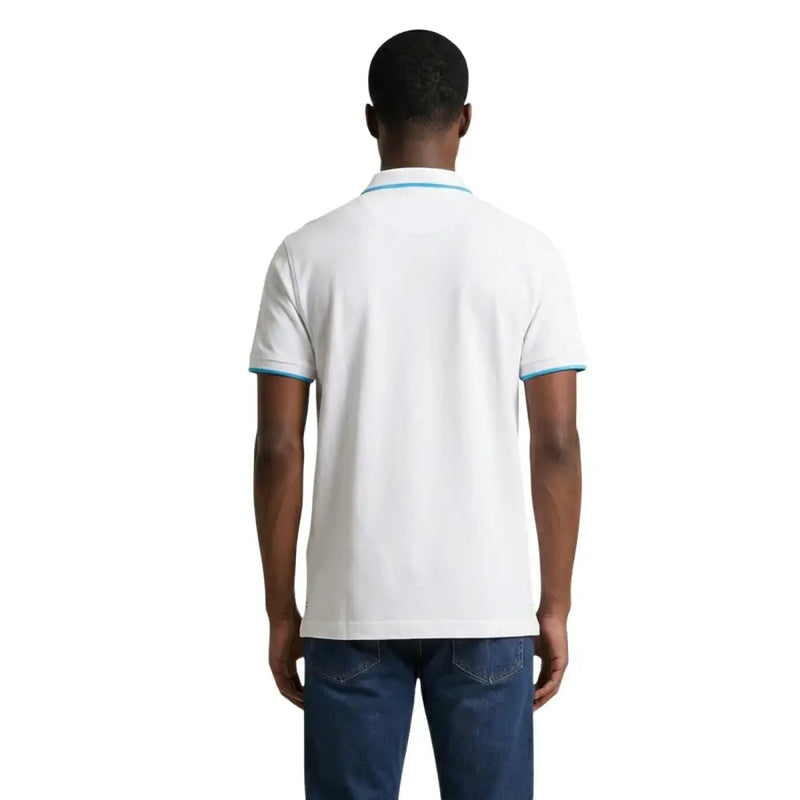 U.S. Polo Assn. men polo shirt classic fit in white cotton with light blue trim on collar and sleeve cuffs size L