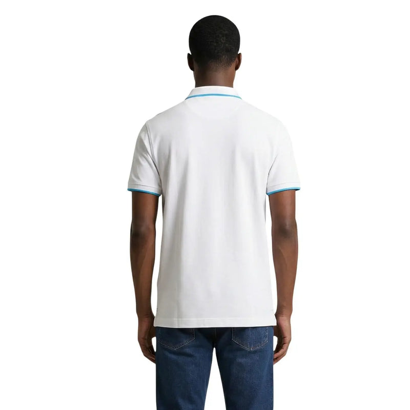 U.S. Polo Assn. men polo shirt classic fit in white cotton with light blue trim on collar and sleeve cuffs size L