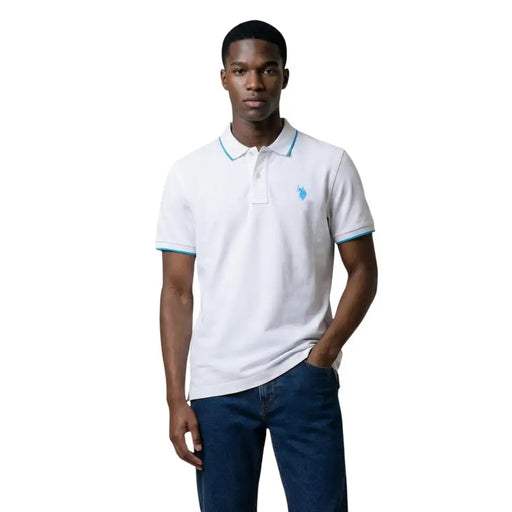 White u.s. polo assn. men polo shirt classic fit made of cotton in size large showing front view