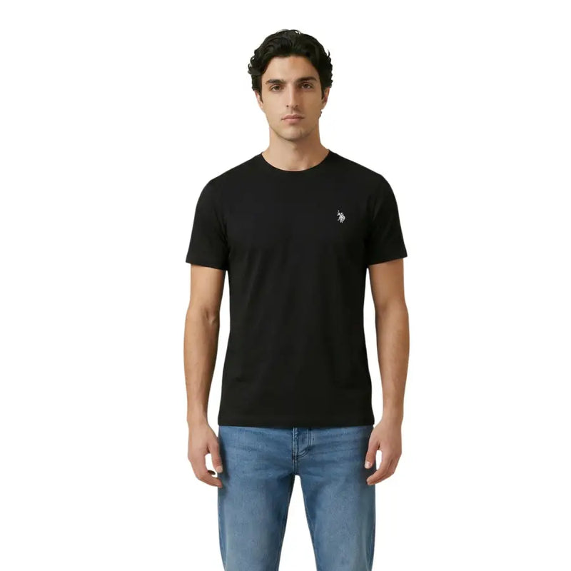 Black short-sleeved cotton t-shirt for men by U.S. Polo Assn. with a small white embroidered logo on the left chest