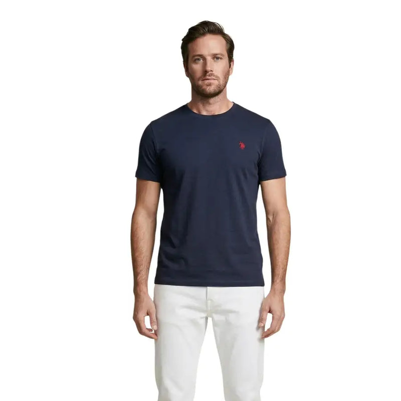 Navy blue short-sleeved crew neck cotton t-shirt with small red embroidered U.s. Polo Assn. logo on left chest