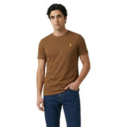 Brown short-sleeved crew neck u.s. polo assn. men t-shirt with small yellow embroidered logo on left chest