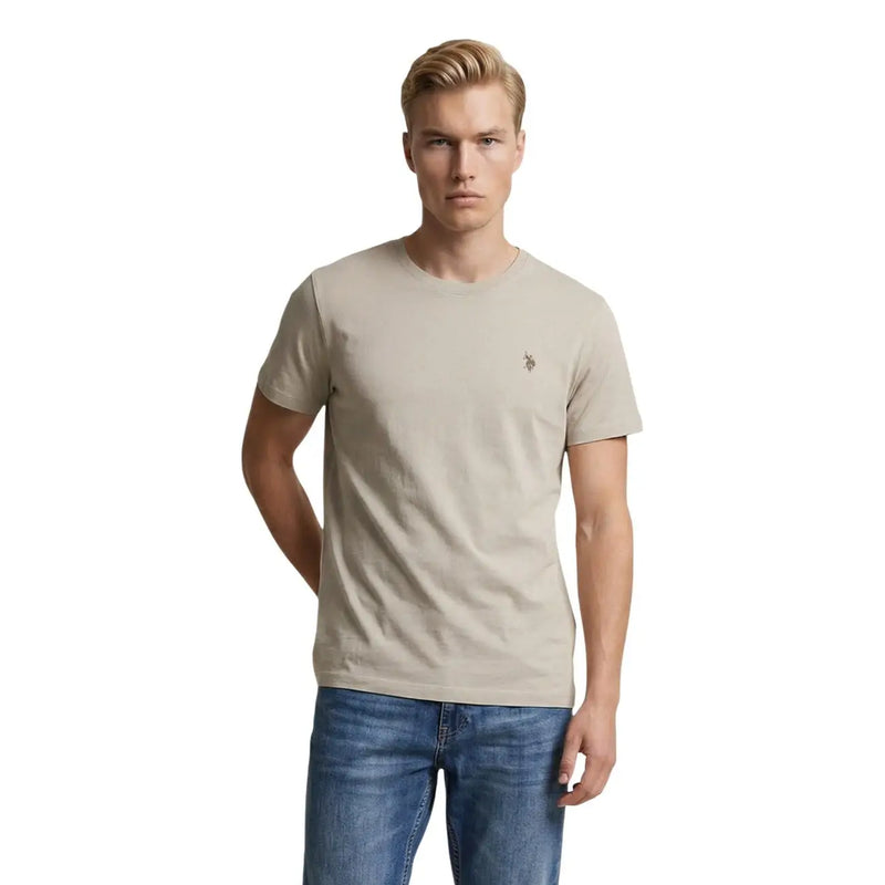 Beige u.s. polo assn. men t shirt cotton classic fit with short sleeves crew neck and small embroidered logo on chest