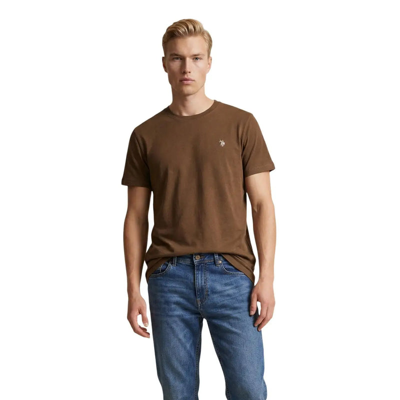 Brown short-sleeved cotton t shirt with small embroidered logo on left chest by U.S. Polo Assn. classic fit medium