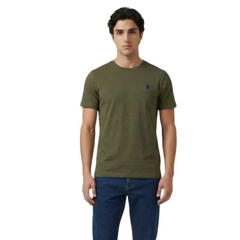 Olive green short-sleeved crew neck cotton t-shirt with small embroidered logo on left chest by U.s. Polo Assn