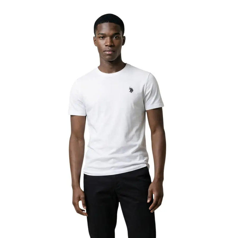 White short-sleeved crew neck cotton t-shirt with small black embroidered logo on left chest by U.s. Polo Assn