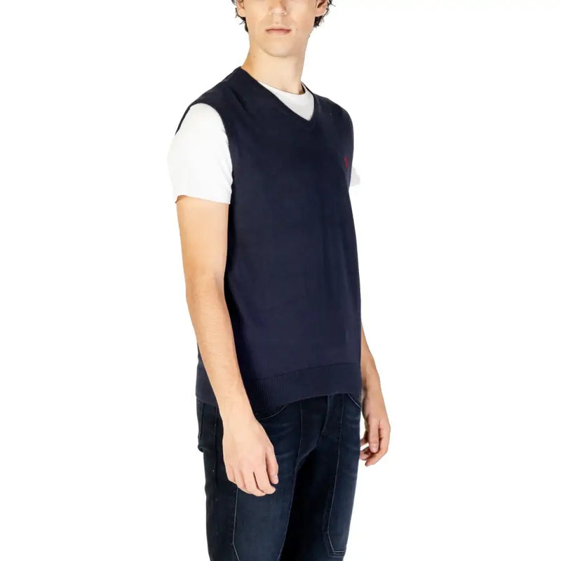 Navy blue knit v-neck sweater vest with small red polo logo on left chest from U.S. Polo Assn. at Urban City Styles