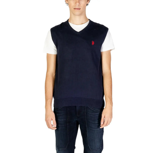 Navy blue knit v-neck sweater vest with red embroidered logo on left chest from U.S. Polo Assn. at Urban City Styles
