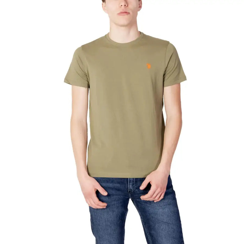 U.S. Polo Assn. men’s olive green short-sleeved cotton t-shirt with round neck and small orange embroidered logo